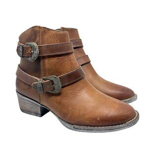 Sterling River Womens 6.5 Brown Leather Ankle Boots Buckles Booties Side Zip